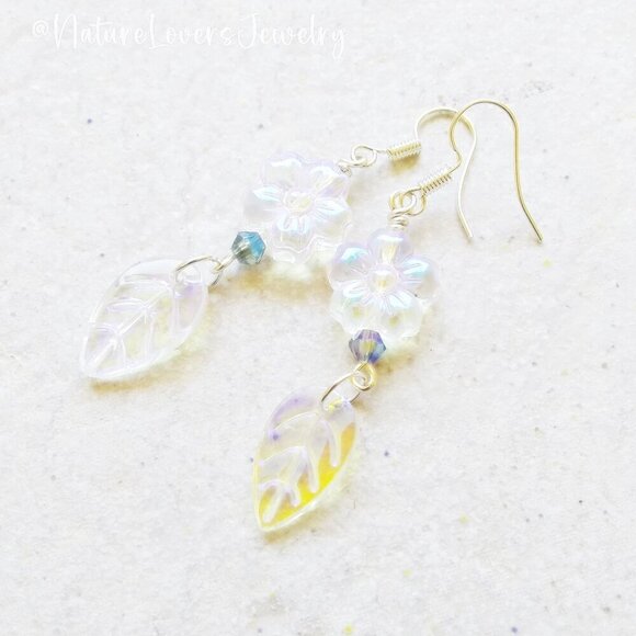 Is it Winter Yet??? Iridescent Glowing Shimmering Flower + Leaf Dangle Earrings - Picture 3 of 9